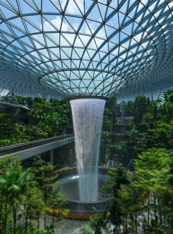 Jewel Changi Airport features a beautiful waterfall nestled in a tropical forest, enhancing the natural beauty of the space.