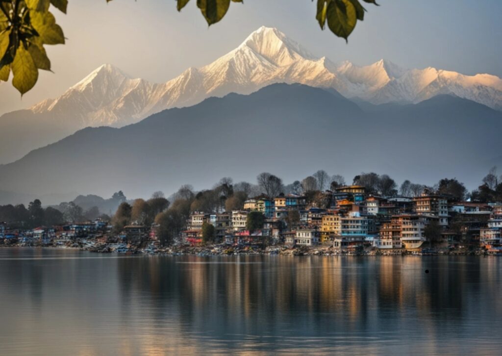 Scenic view of Kathmandu, Nepal, showcasing its vibrant architecture and lush hills under a clear blue sky.
