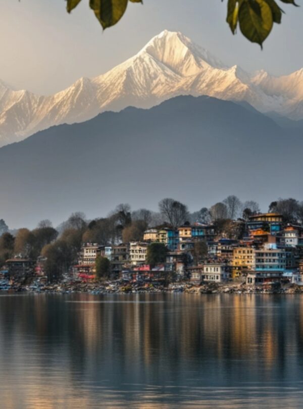 Scenic view of Kathmandu, Nepal, showcasing its vibrant architecture and lush hills under a clear blue sky.