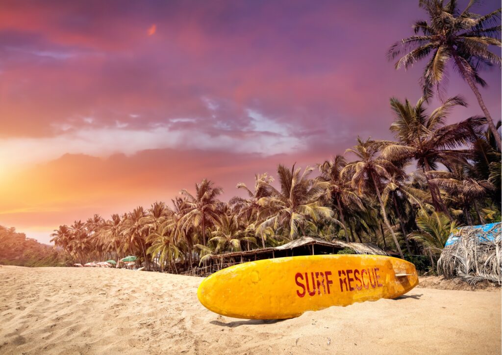 A tranquil beach with swaying palm trees and a bright blue sky overhead.
