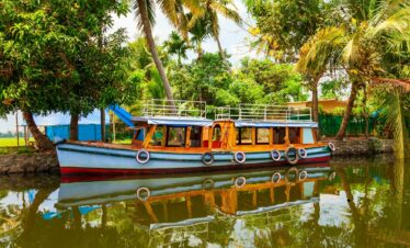 A boat floats on the Alleppey backwaters, surrounded by lush palm trees and tranquil water.