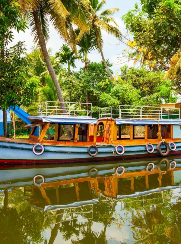 A boat floats on the Alleppey backwaters, surrounded by lush palm trees and tranquil water.